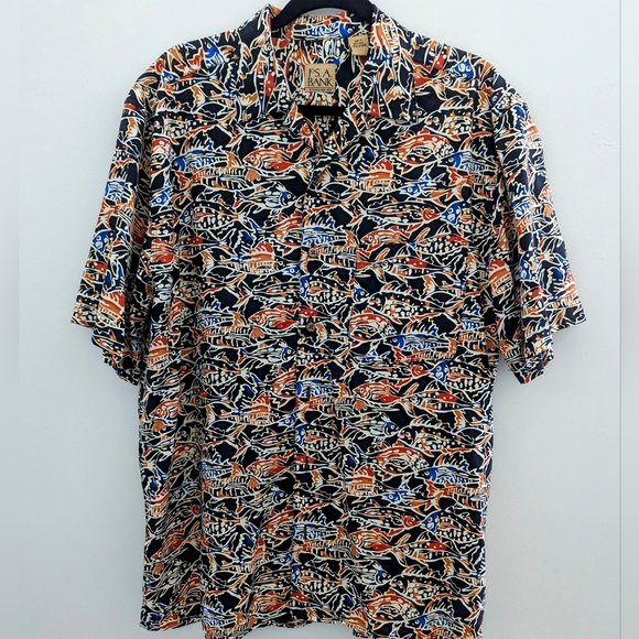 NEW Pure Silk Fish Pattern Hawaiian Shirt JOS A. BANK MEN'S M Wick Batik Style - Picture 4 of 13